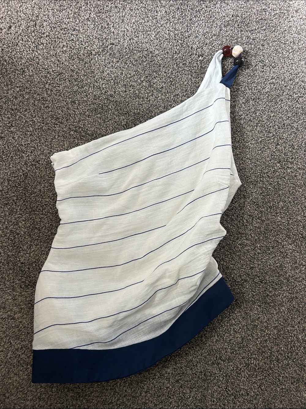 Olivaceous White top with Navy Stripe and Navy Hem